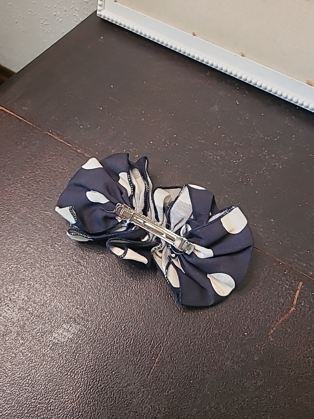 Vintage 80s 90s Big Hair Bow Barrette Clip Ribbon Ruffle Oversize Polka Dot Navy