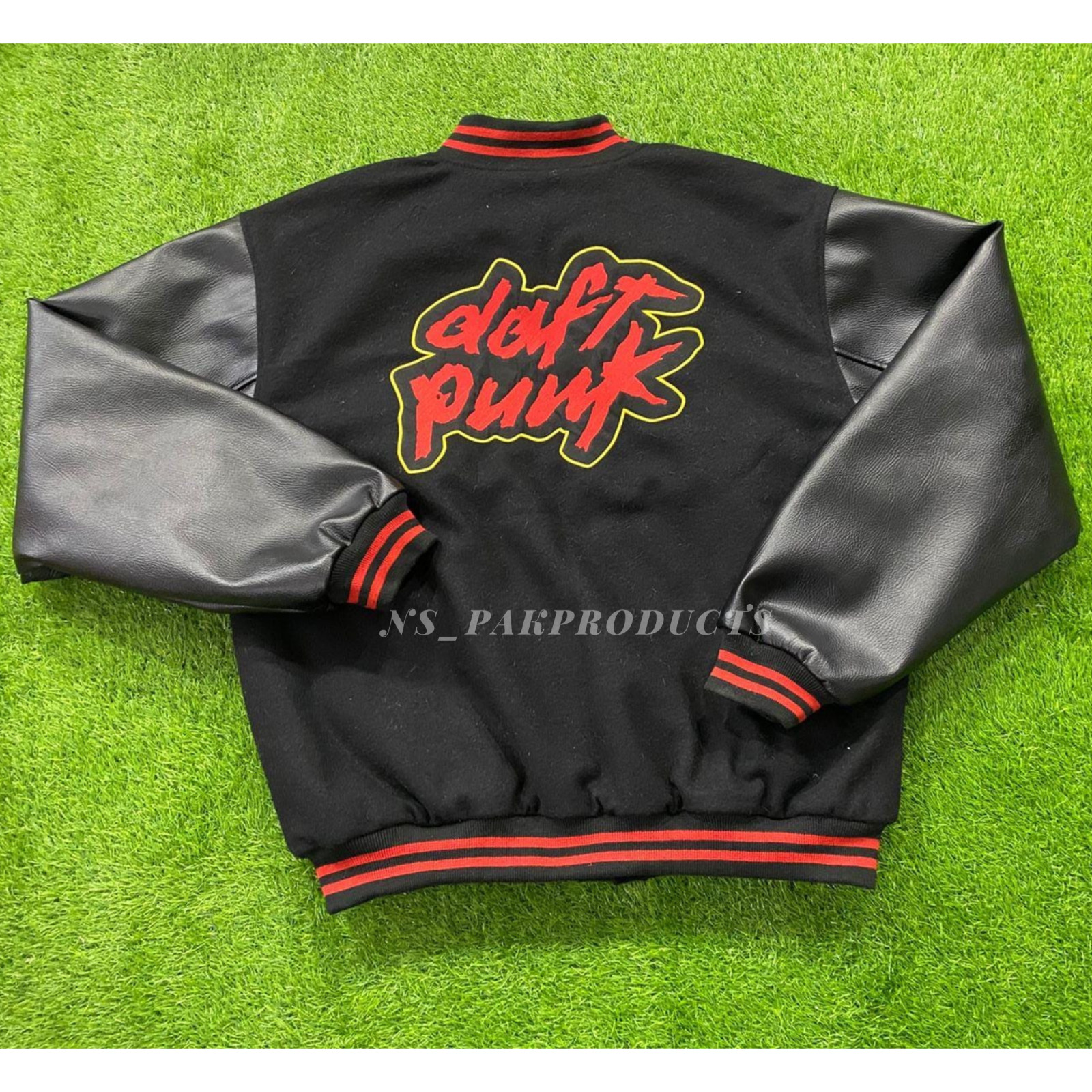 Letterman Daft Punk Jacket All Black Wool & Leather Sleeves Varsity Jacket