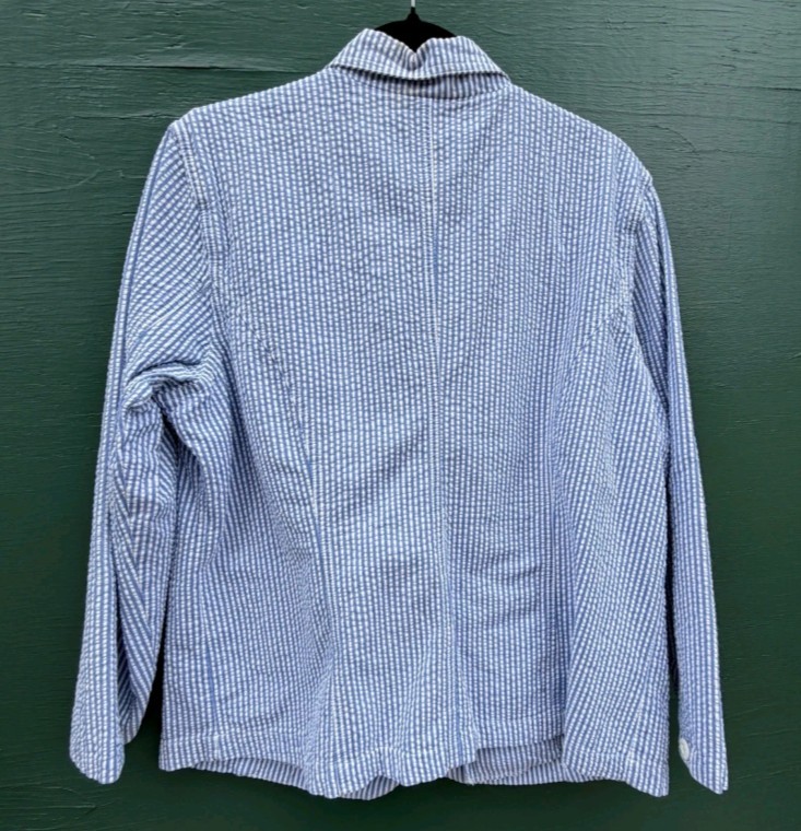 Blue White Stripe Seersucker Blazer Cotton Jacket preppy and Crisp L