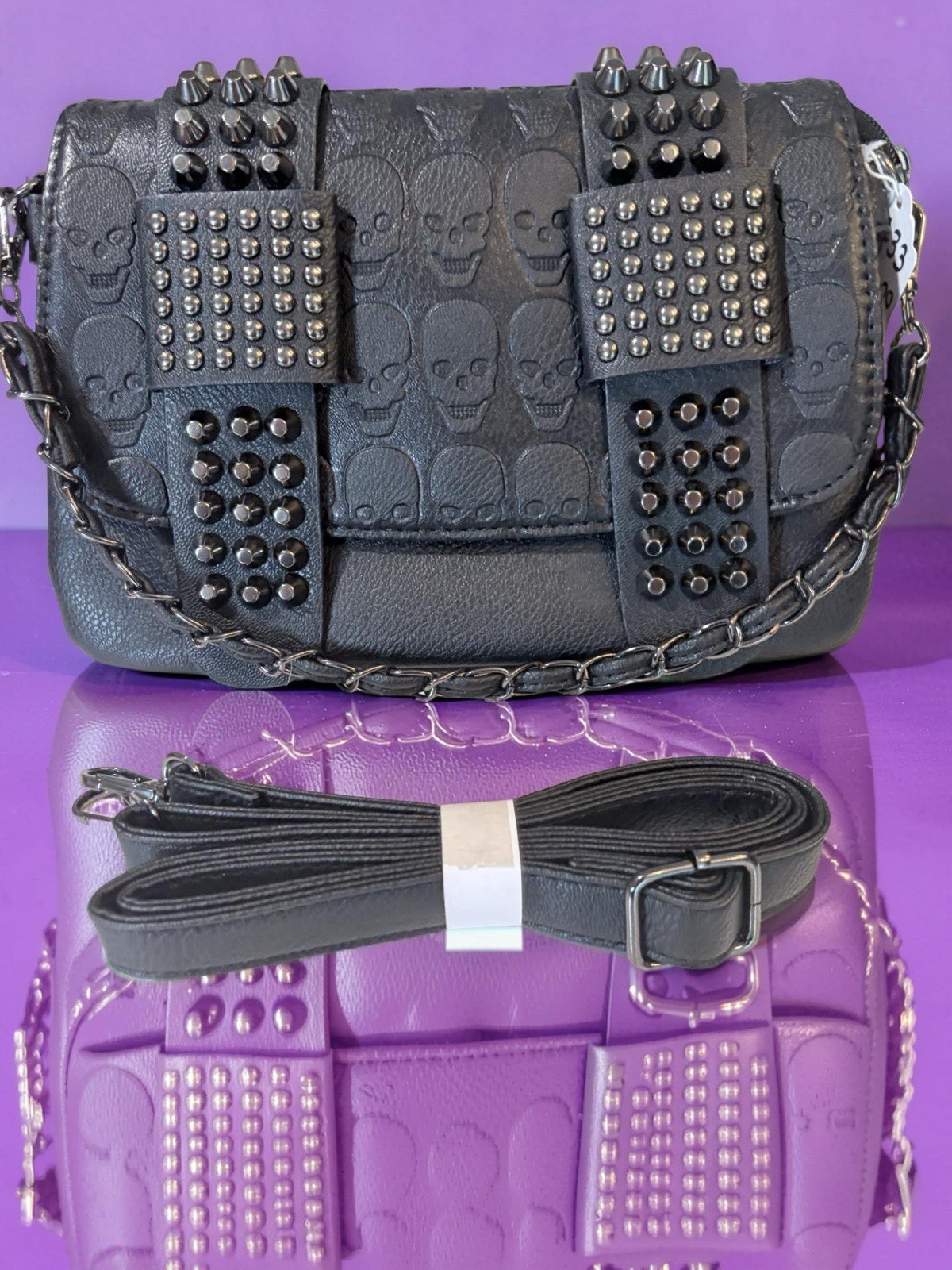 Black Skull Embossed Street Style Bag with Metal Accents & Crossbody Strap NEW