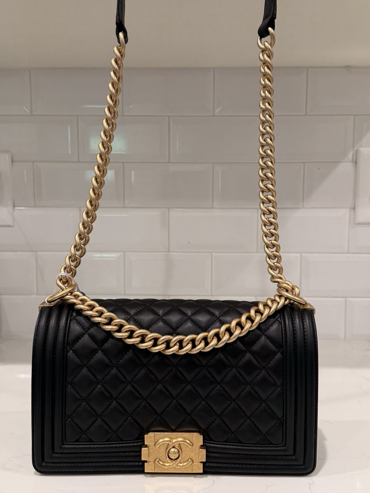 Exceptional CHANEL Boy Gold Hardware Quilted Shoulder Bag Medium Black Leather