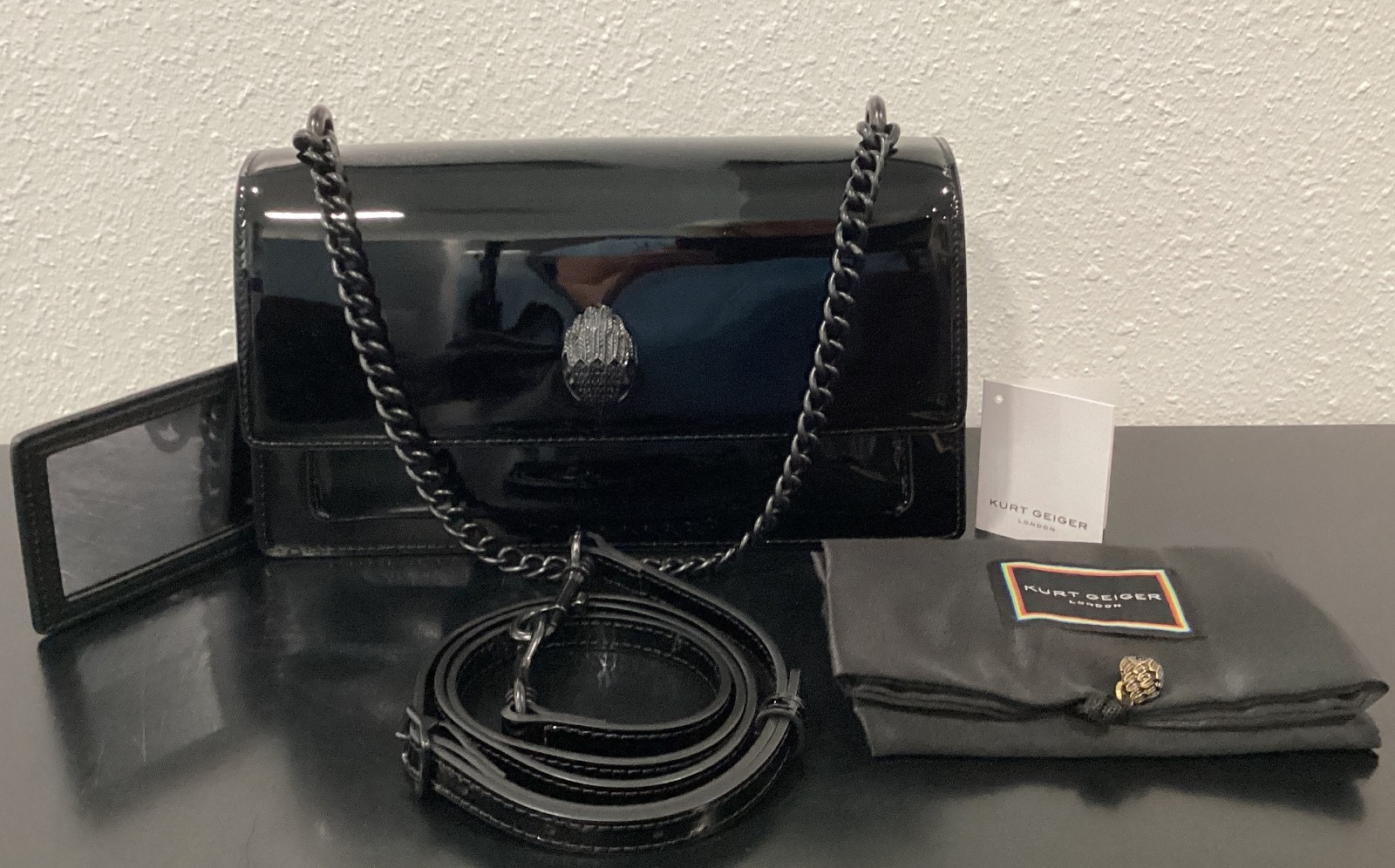 Kurt Geiger Shoreditch 10″x5″x2.75″ Black Patent Drench Leather Mirror Crossbody