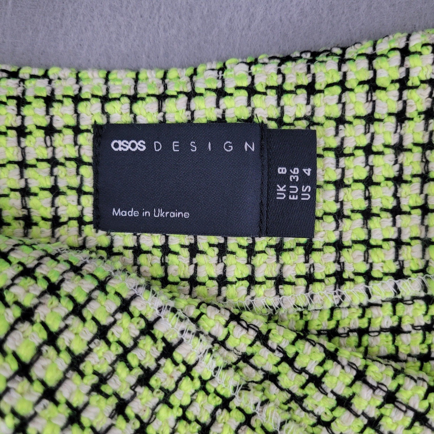 ASOS DESIGN Mini Skirt Boucle Tweed Check Lime Green Black A-Line US 4 NWOT