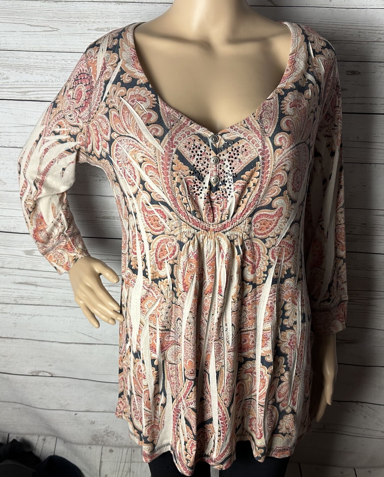 Vintage 90s One World Tunic Large Pink Tan Black Orange Paisley Rhinestone Shirt