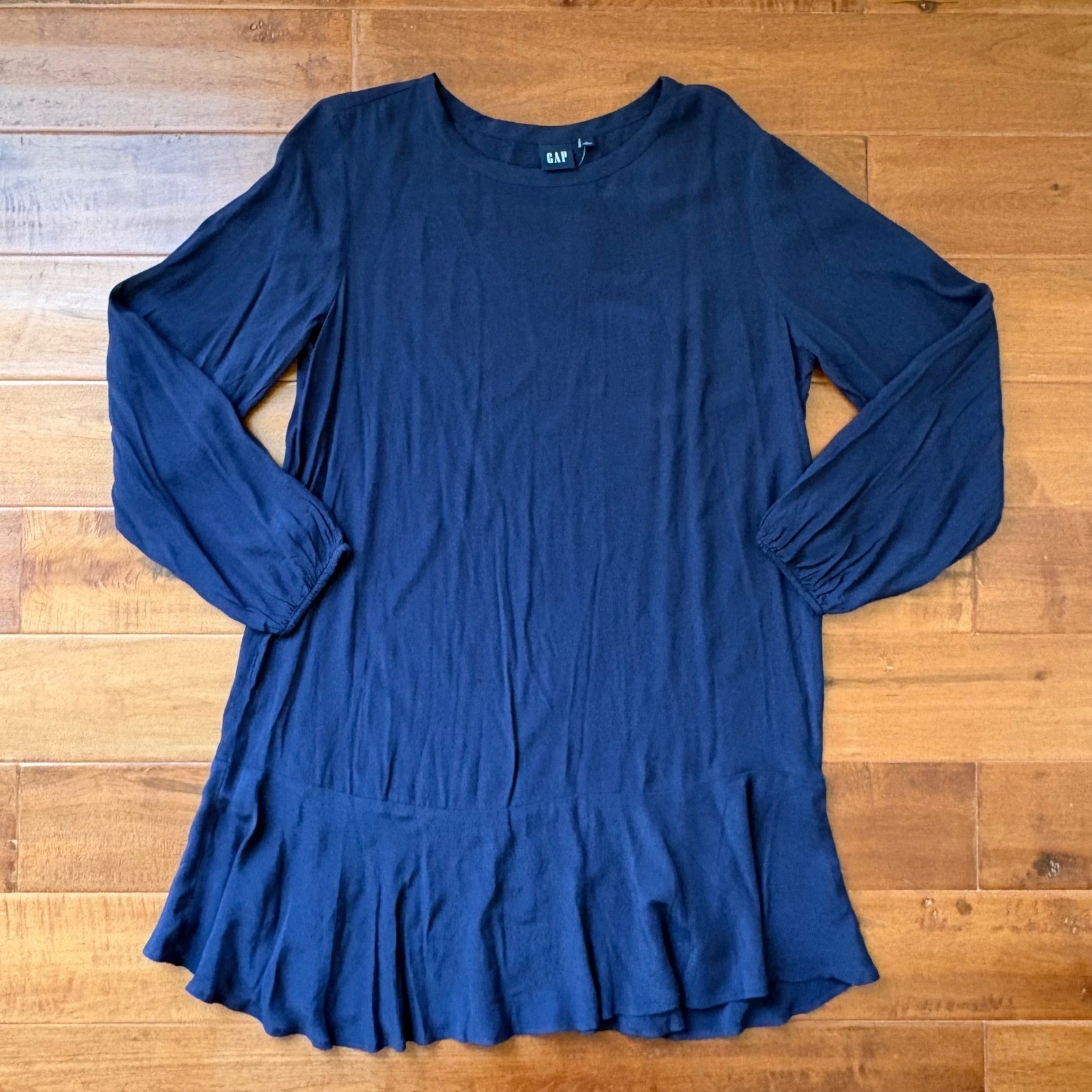 Gap Long Sleeve Flounce Hem Shift Dress Women L Navy