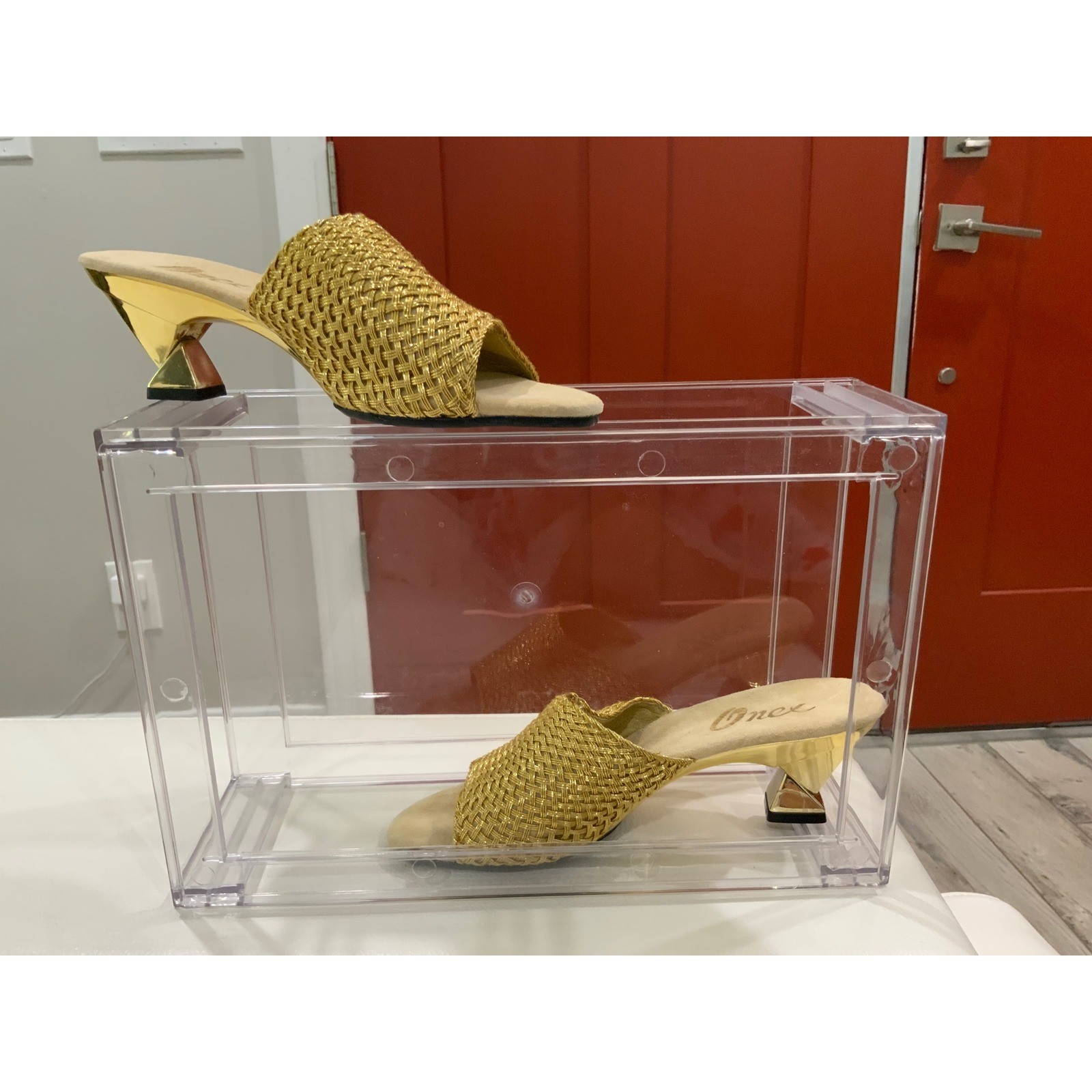 Gold Woven Mule Sandals Women Metallic Basket Weave Open Toe Slide Heels Size 8