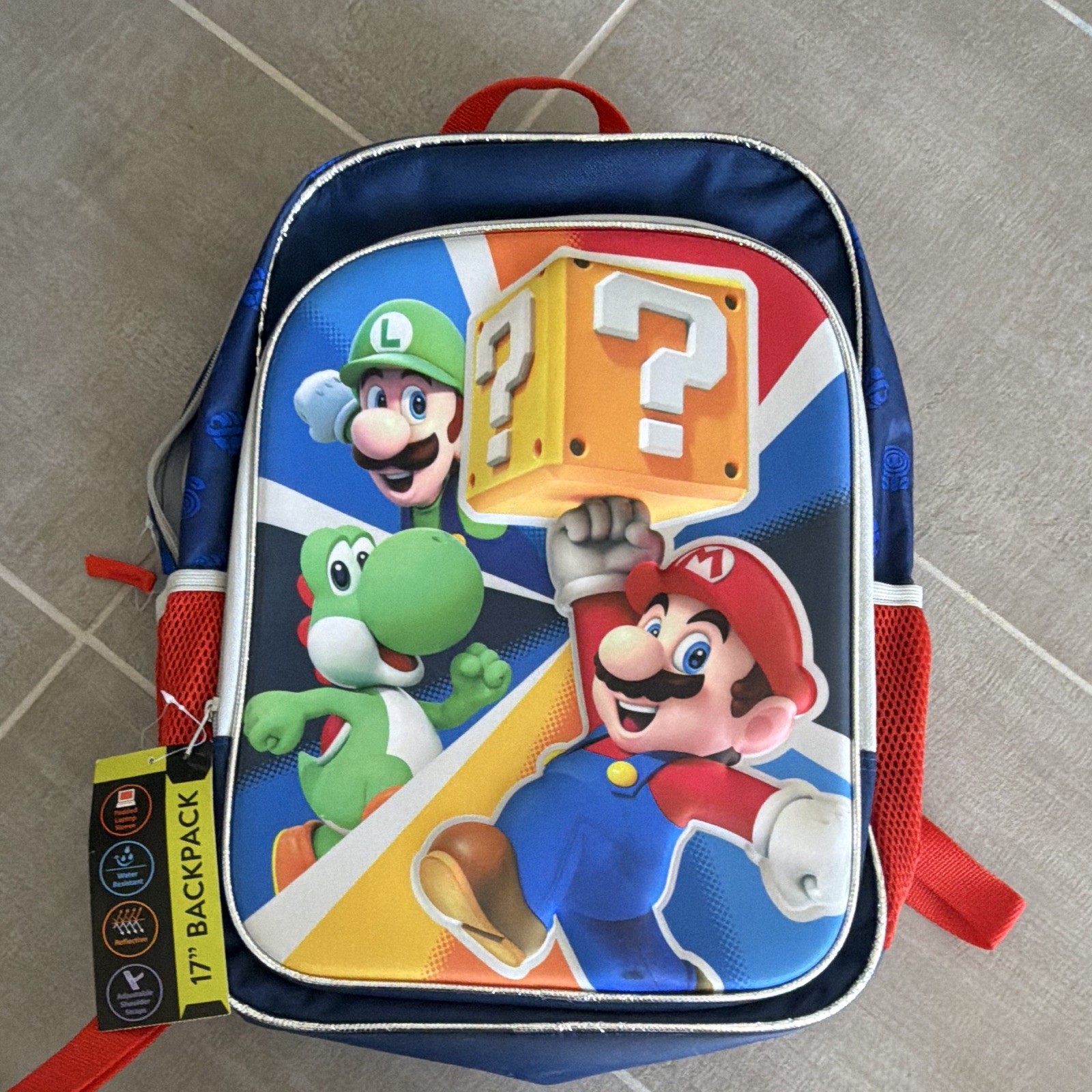 Nintendo Super Mario Mario Luigi Yoshi 17in Backpack Polyester Zip Blue/Red