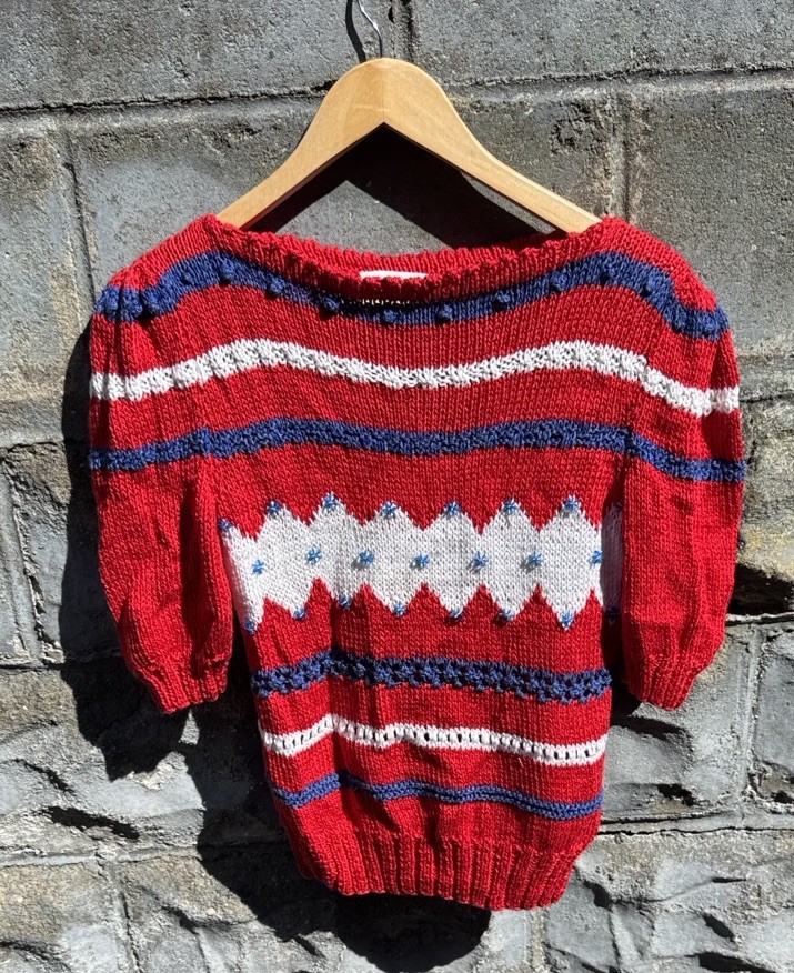 Vintage 80s Striped Sweater Batwing Dolman Sleeve Virgin Acrylic Sz S Hand Knit