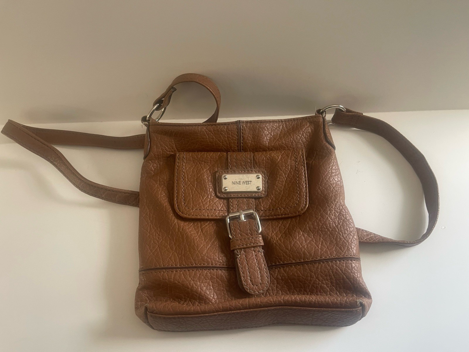 Nine West Tan Shoulder Bag with Pebbled Finish, Buckle Accent, Zipper, Stitching