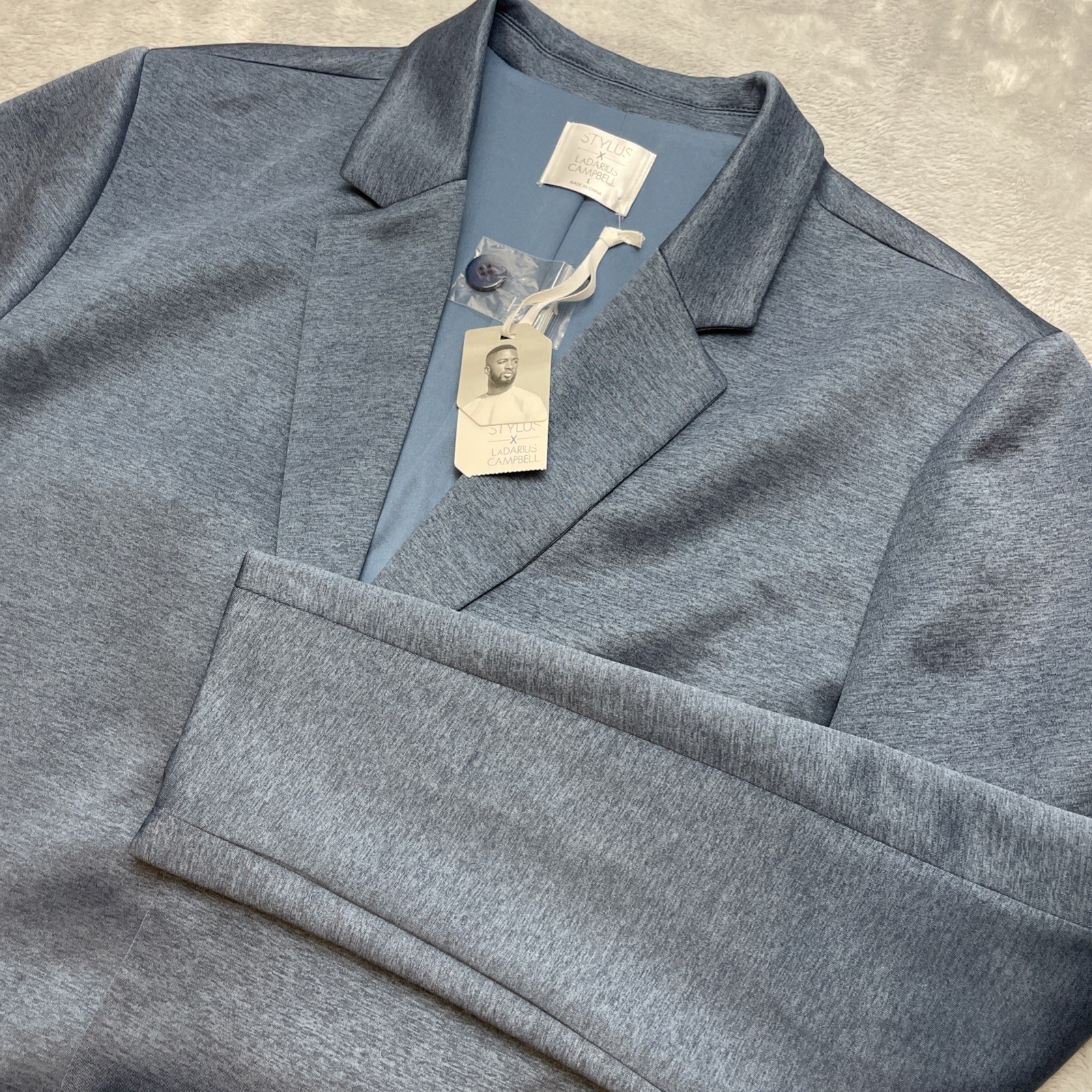 NWT Stylus LaDarius Campbell Mens Knit Blazer Sz L Heather Blue 2 Button Stretch