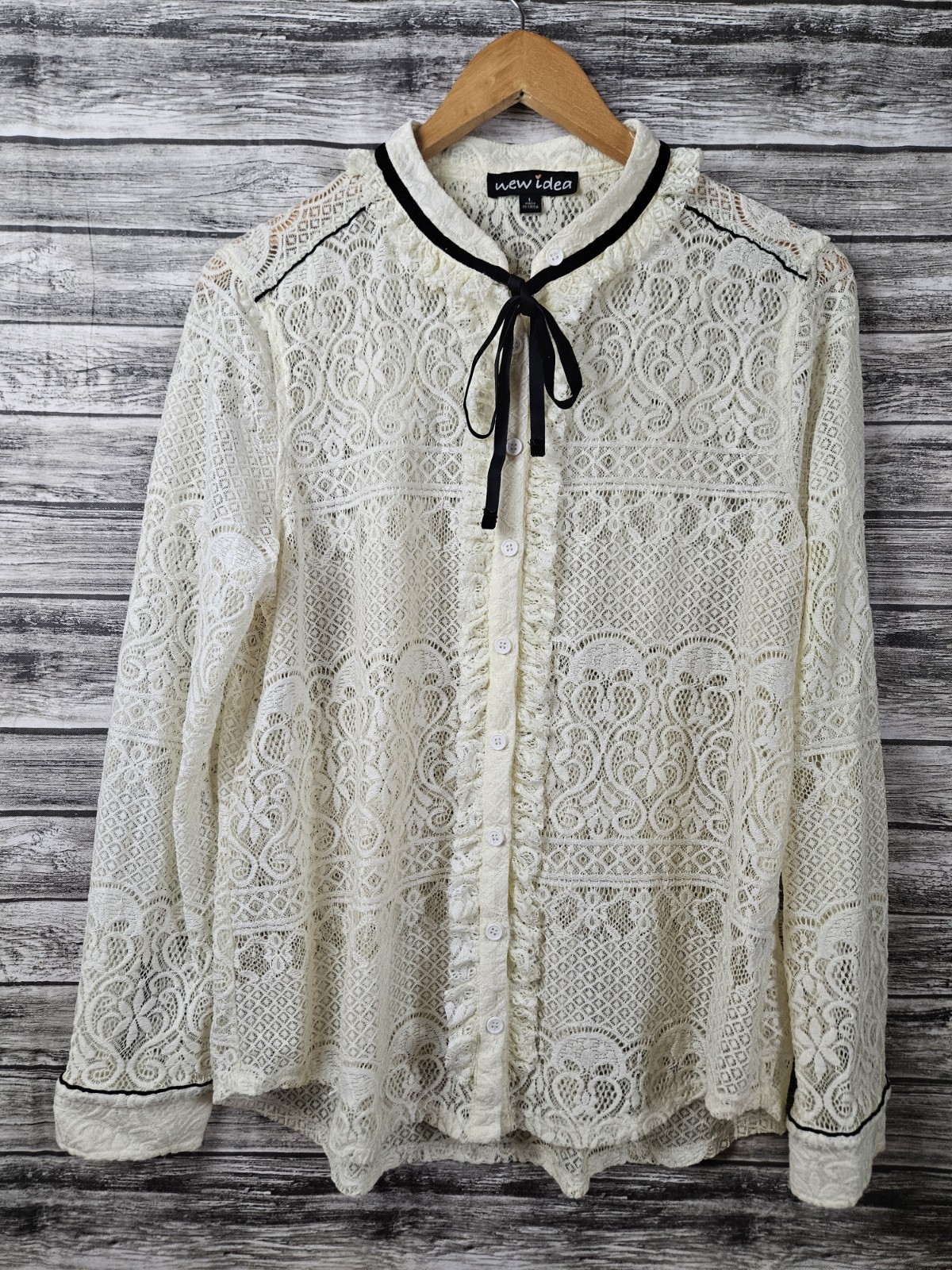New Idea Women’s Size L Ivory Lace Button-up Longsleeve Top Ribbon Necktie
