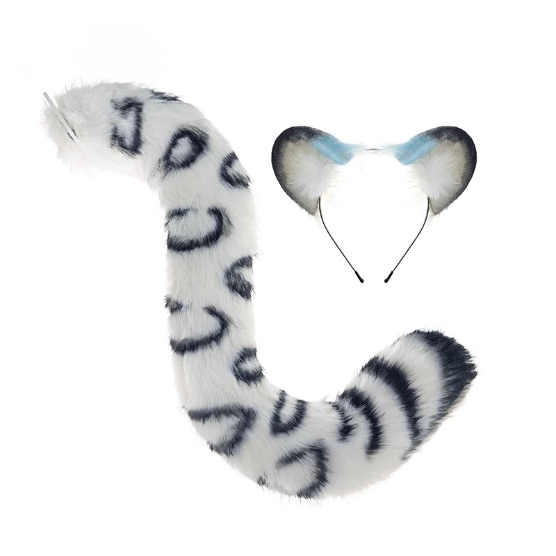 Snow Leopard Ears Headgear Headpiece 80cm Plush Tail Halloween Cosplay Prop Gift