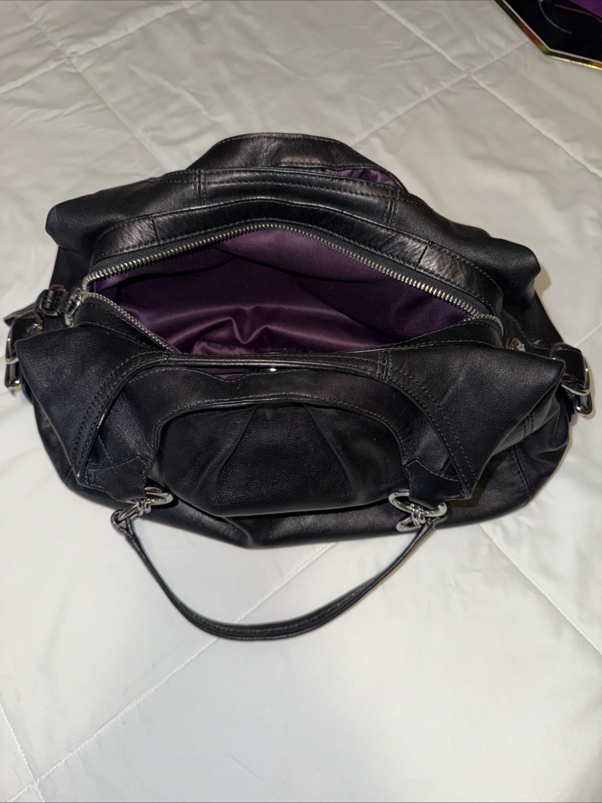 Coach Black Shoulder Bag Buckle Accent, Madison Maggie Hobo Purple Lining 15742