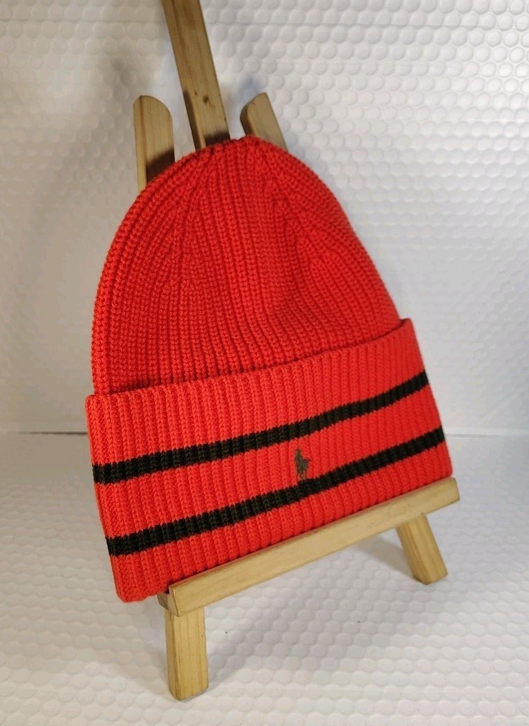 Polo Ralph Lauren Orange W/Green Stripes Cuffed Beanie One Size 8-20