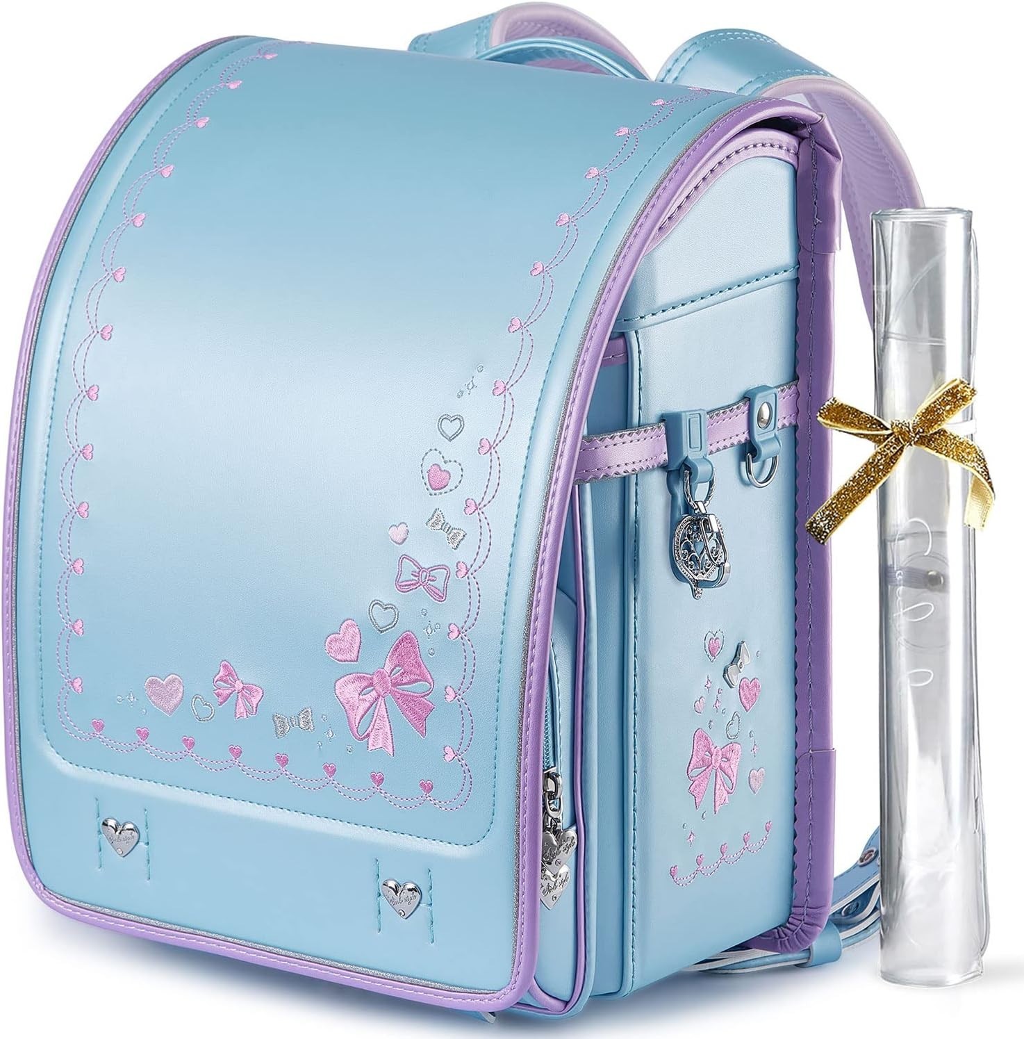 Coulomb Randoseru School Bag Heart Ribbon bow Embroidery Light blue New Japan