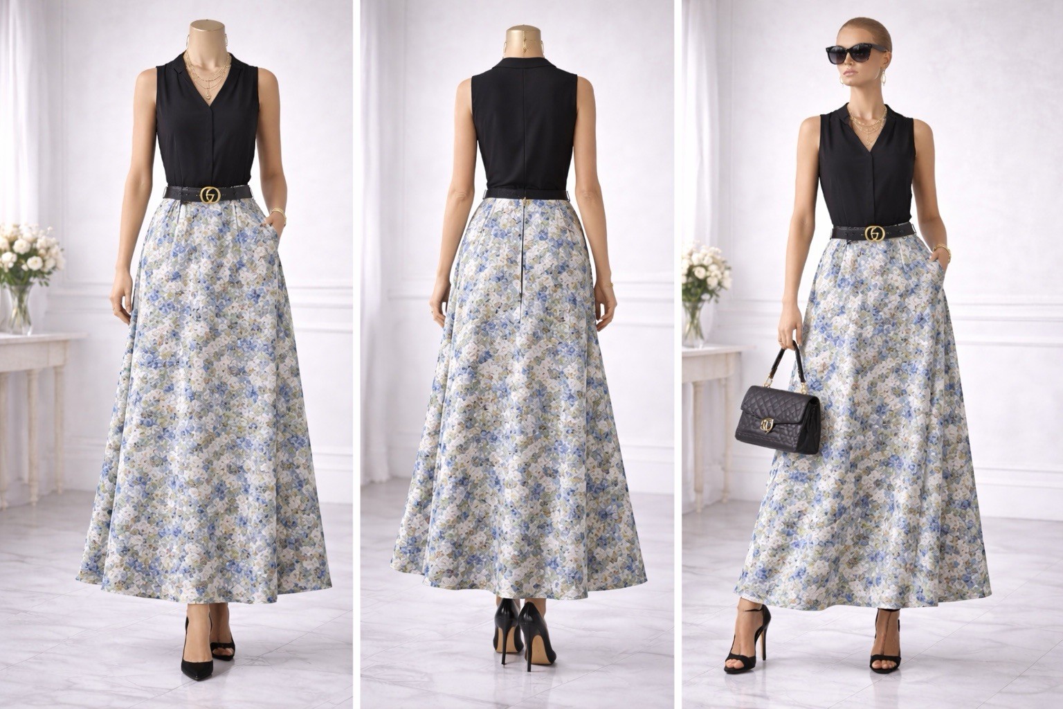 Covington Womens Size 16 Blue Floral Maxi Skirt Lined Polyester Cottagecore Boho