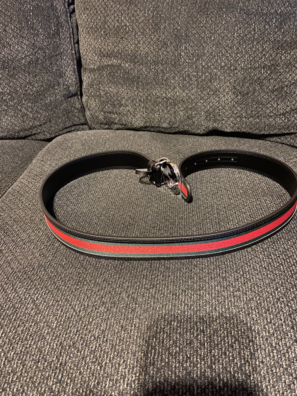 Gucci GG Silver Interlocking Belt Buckle Red Green Black Leather Canvas Men