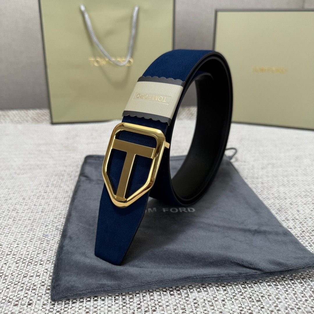 Tom Ford Belt Reversible Blue/Black Calfskin Gold T Buckle Belt