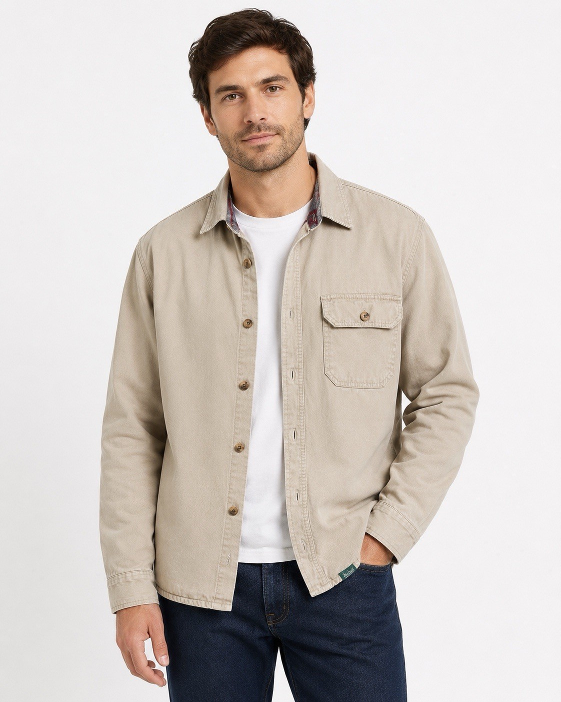 Woolrich Shirt Jacket men medium Flannel Lined Shacket khaki side pockets cotton