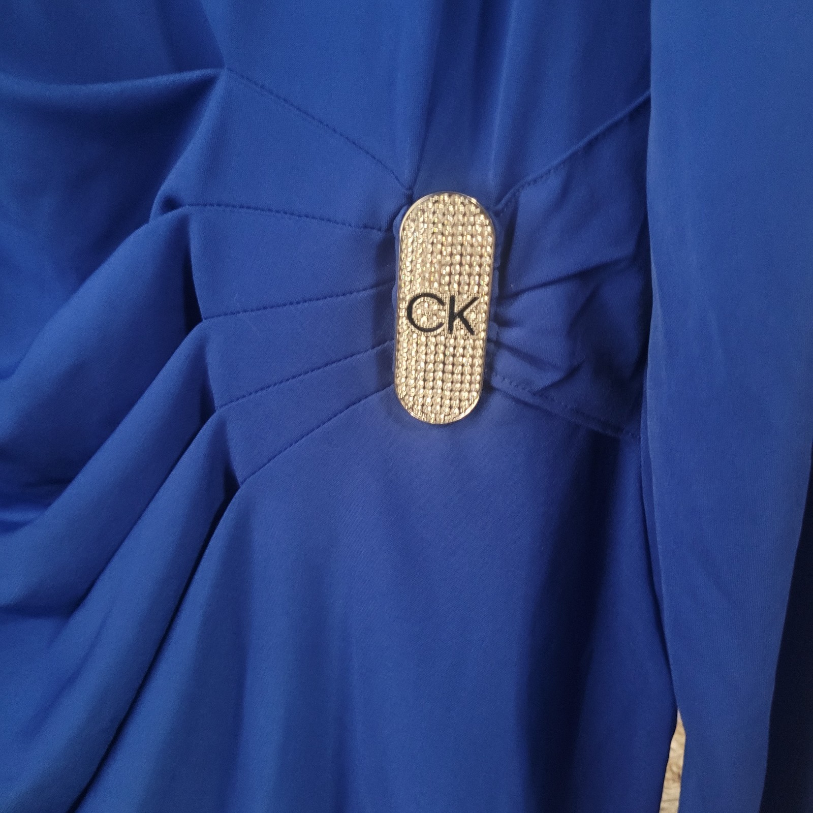 Calvin Klein Top Womens Faux Wrap shirred Silver Bling Logo Stretch Blue Holiday
