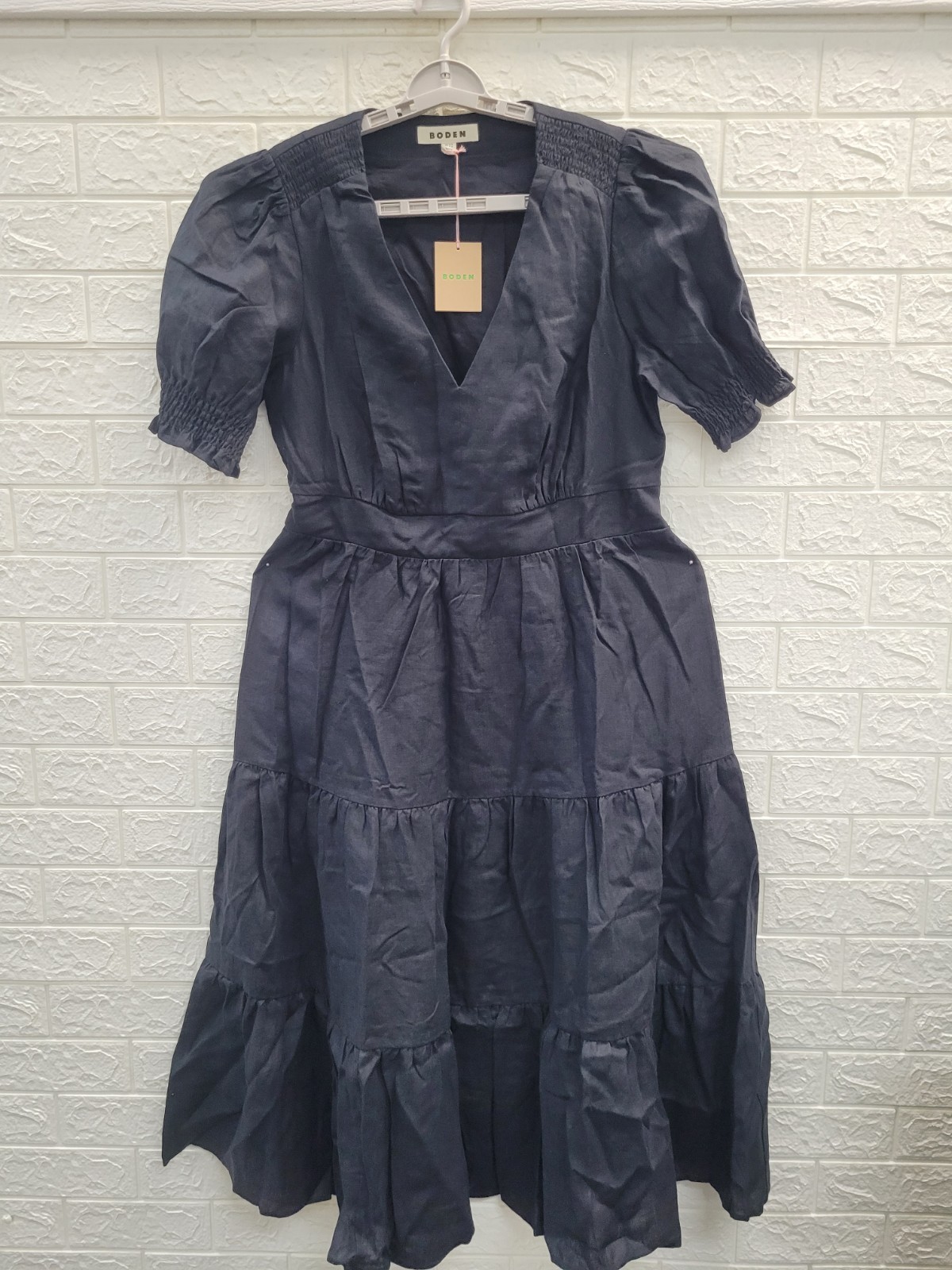 New Boden Anna Linen Tiered Midi Dress Black Size 14 US