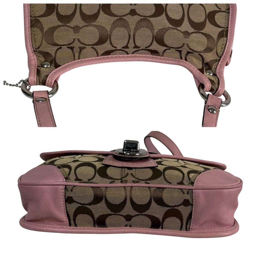 Coach Pink Signature Turn Lock Canvas Leather Shoulder Bag Crossbody Auth