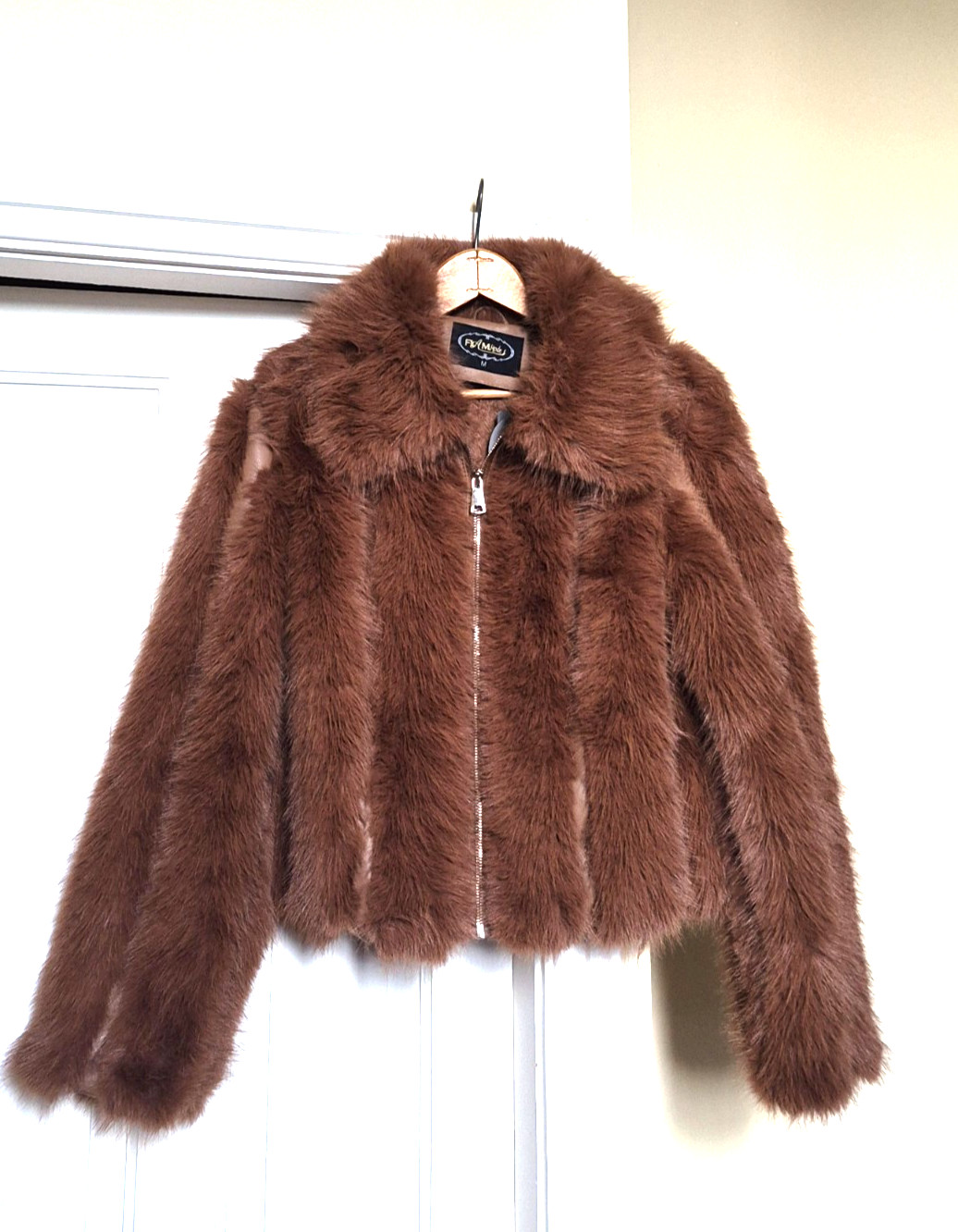 Ladies Chocolate Brown Faux Fur Faux Leather Cropped Coat Jacket M UK 12 NEW
