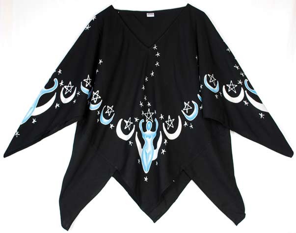 Moon Goddess Pentagrams Pointed Caftan Top Wicca Pagan Batik 100% Rayon, Black
