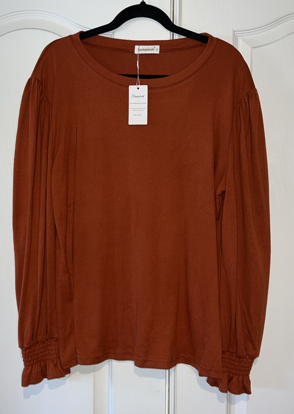 Women Top Shirt XL Burnt Orange Comfortable Long Puff Sleeve Soft Casual NWT