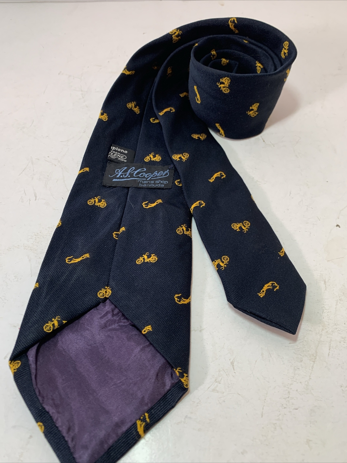 Vintage Bermuda Scooter Map Necktie Dark Navy Blue Gold A S Cooper 3 3/4” Wide