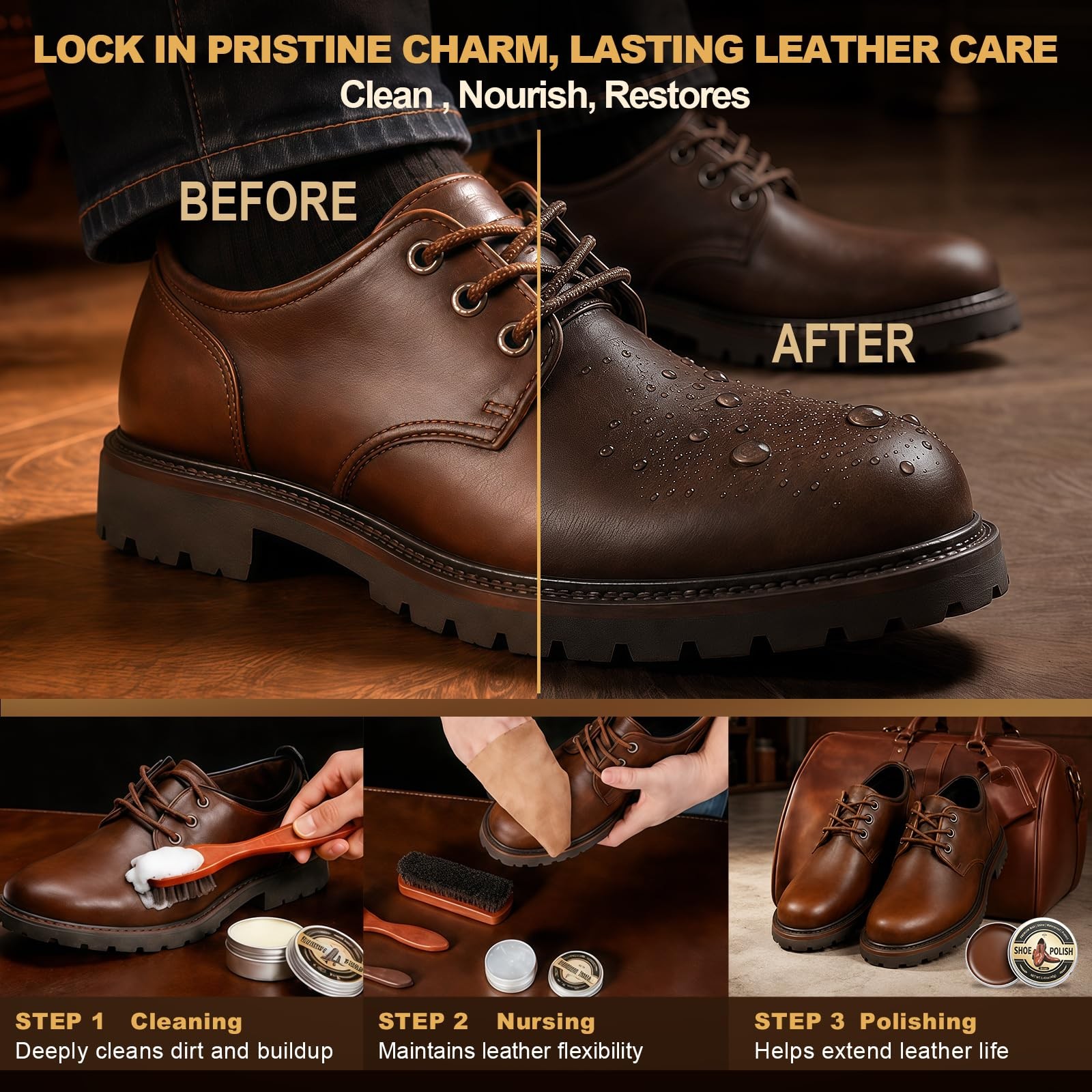 16-in-1 Shoe Polish Kit, Leather Shine Care Cleaning 3.5 Fluid Ounces, Black