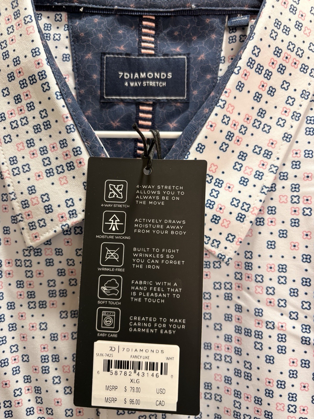7 Diamonds Men’s XLG Geometric Stretch Short Sleeve Button-Up Shirt White