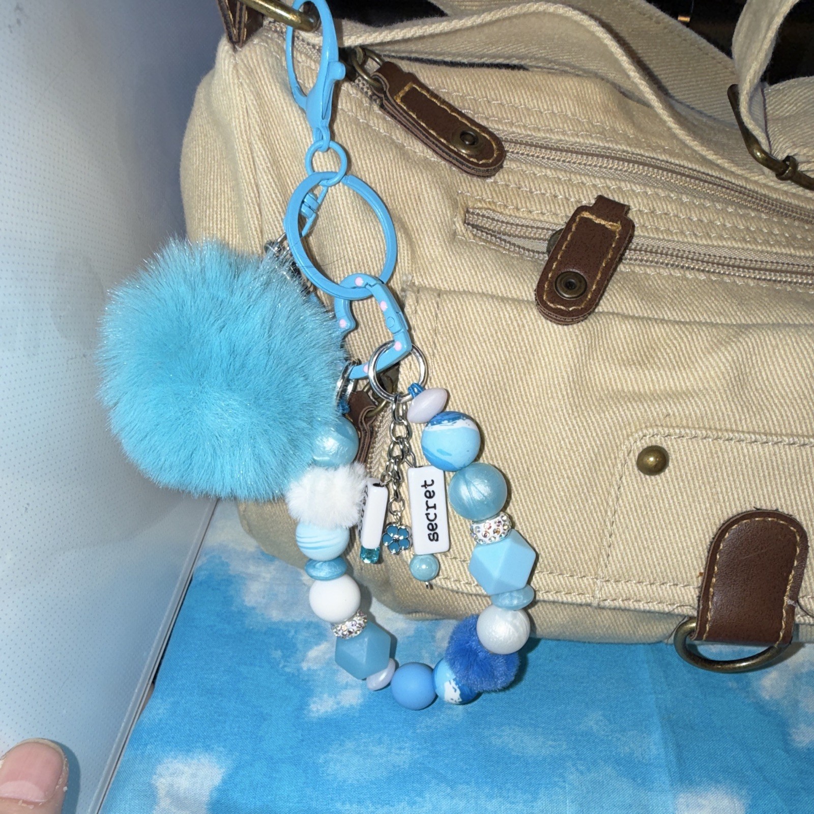Blue Faux Fur Pom Pom Beaded Key Chain/Bag Charm w/Tassel & Detachable Clip