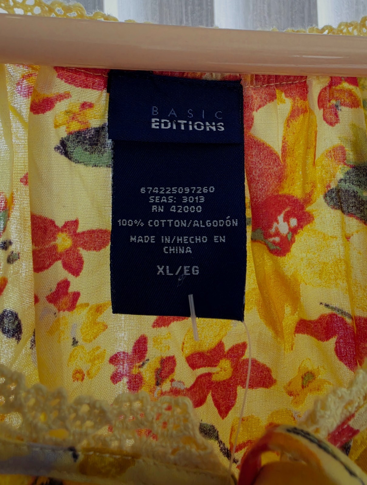 NWT Basic Editions yellow/orange cotton short-sleeve floral blouse (XL) lace nec