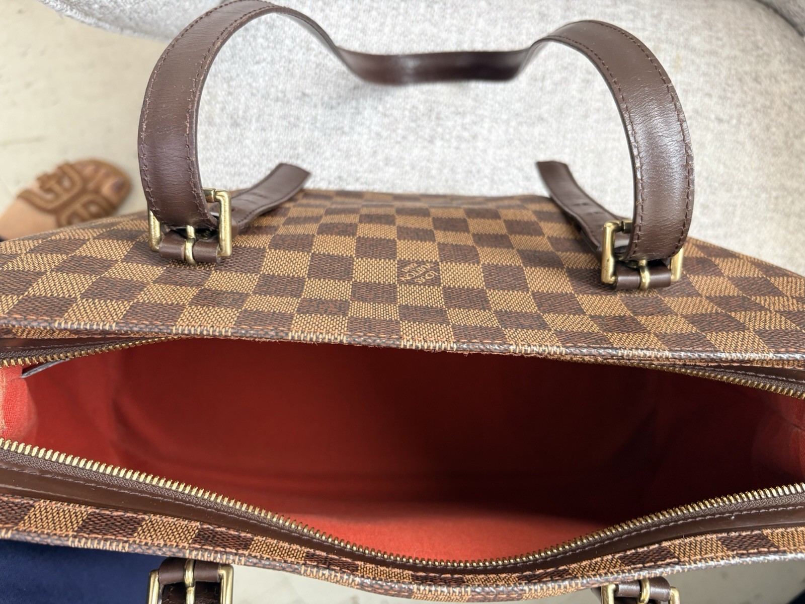 Louis Vuitton Damier Ebene Brown Shoulder Bag w/ Zip, Gold Hardware, Red Lining