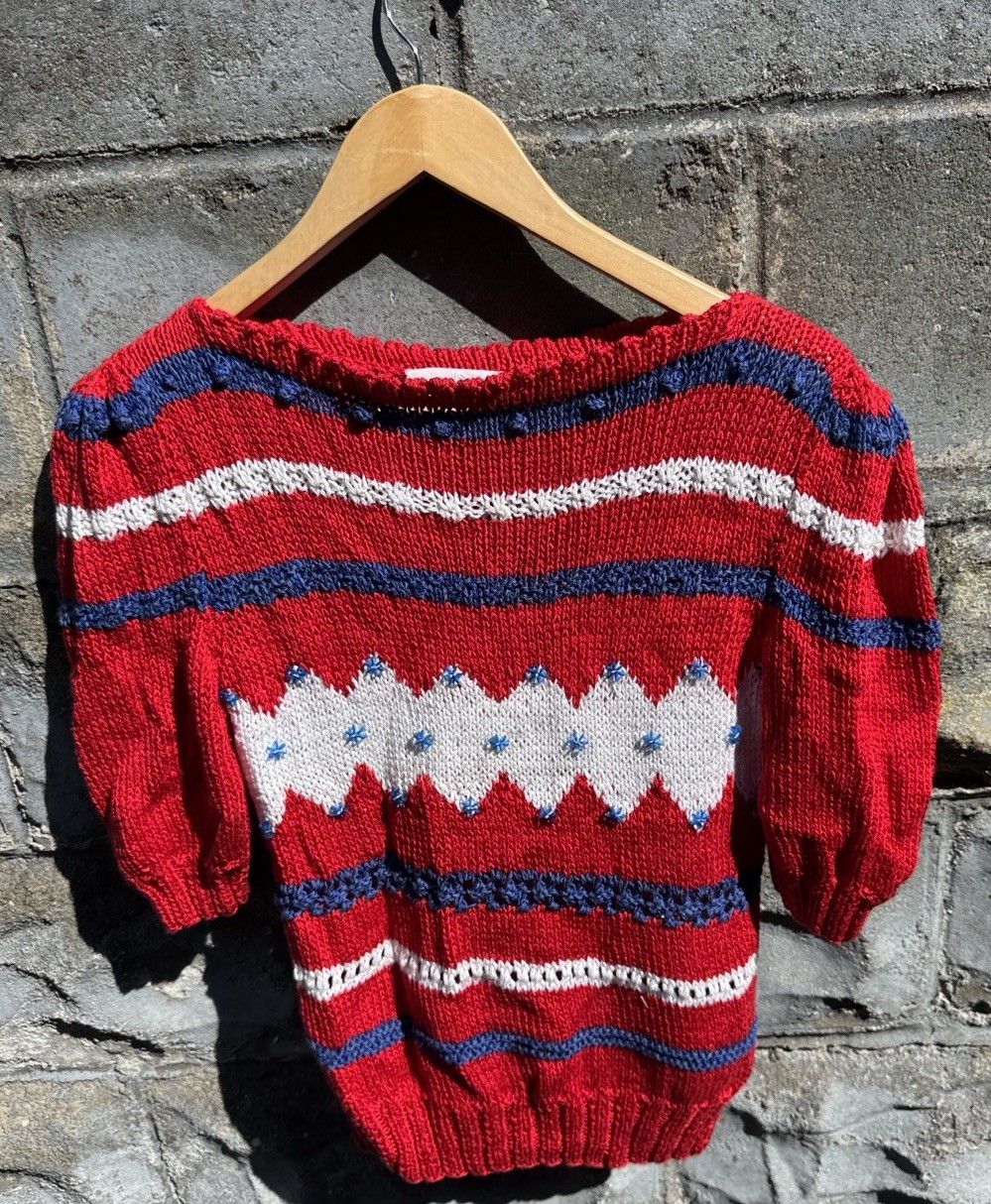 Vintage 80s Striped Sweater Batwing Dolman Sleeve Virgin Acrylic Sz S Hand Knit