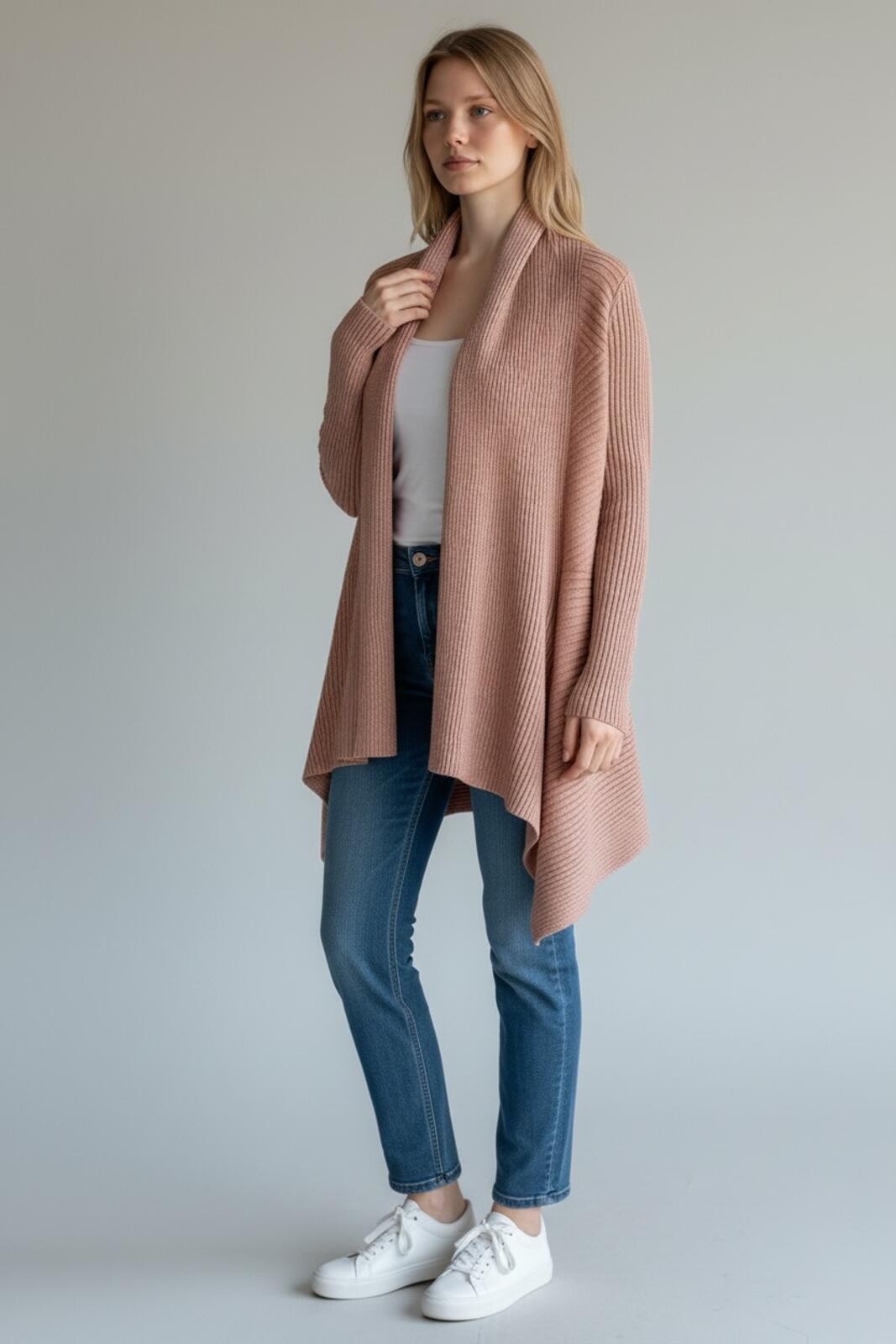 White House Black Market Blush Pink Open Front Metallic Ribbed Cardigan Sweater
