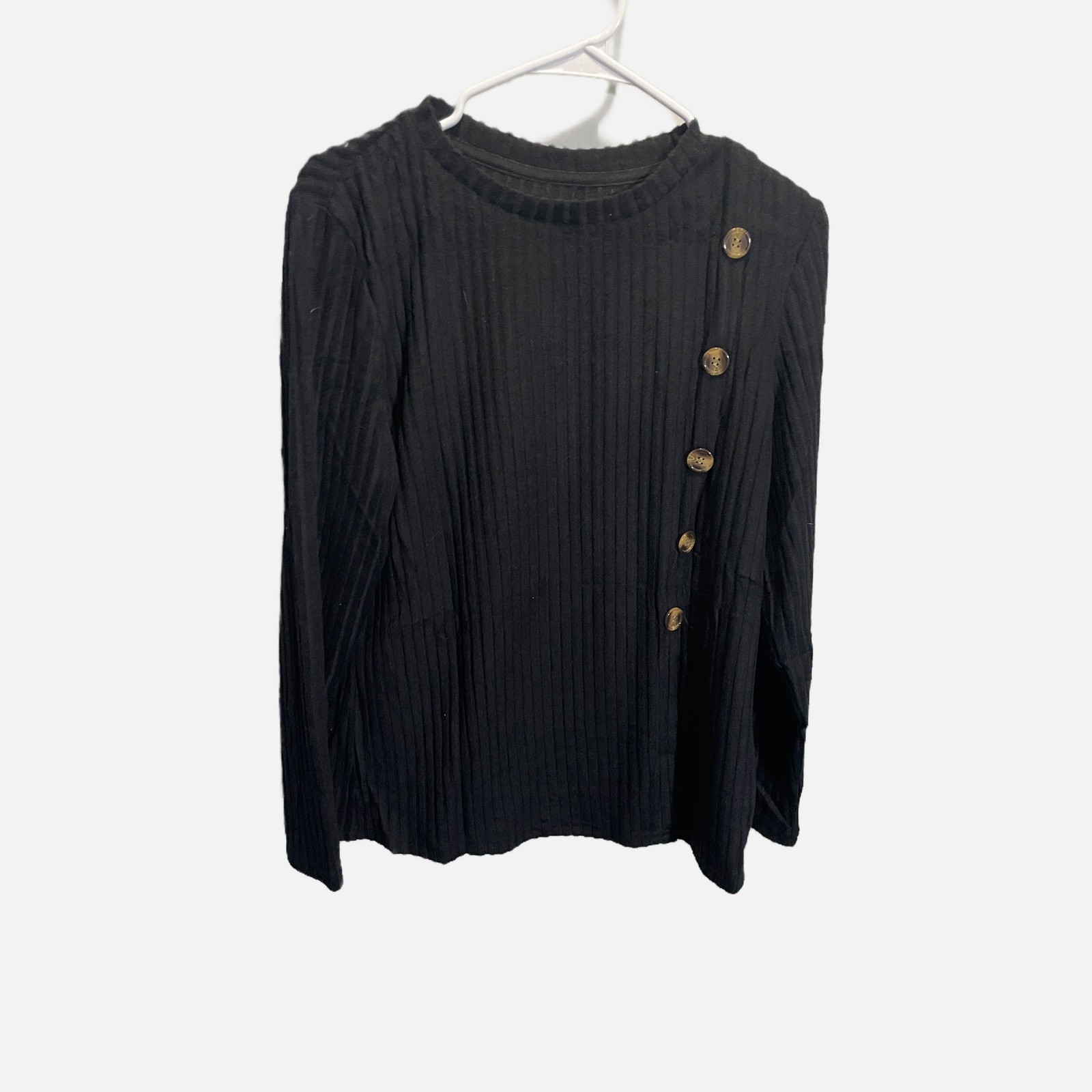 Womens Black Ribbed Knit Long Sleeve Top Asymmetrical Button Accent Size Large