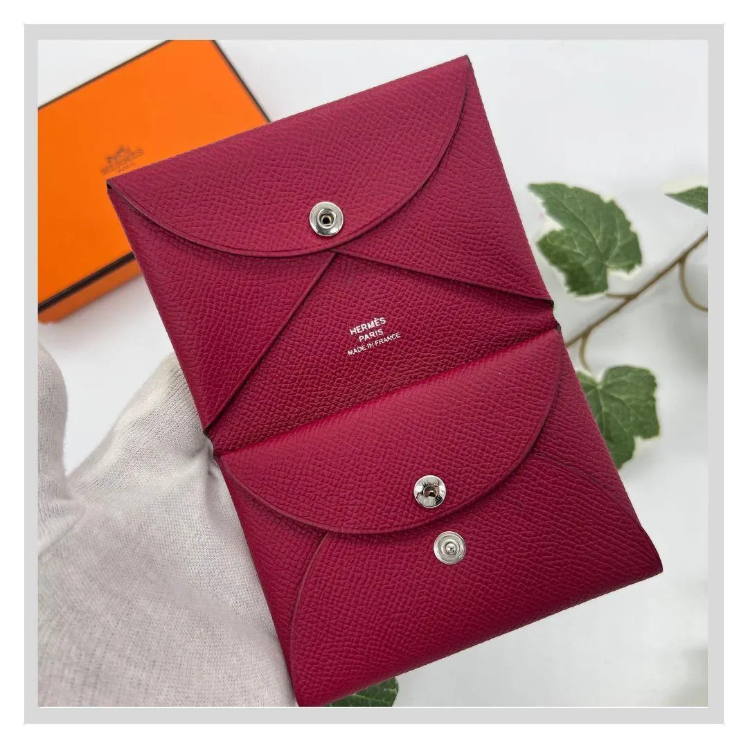 HERMES Calvi Duo Card Case Coin Purse Bordeaux Leather