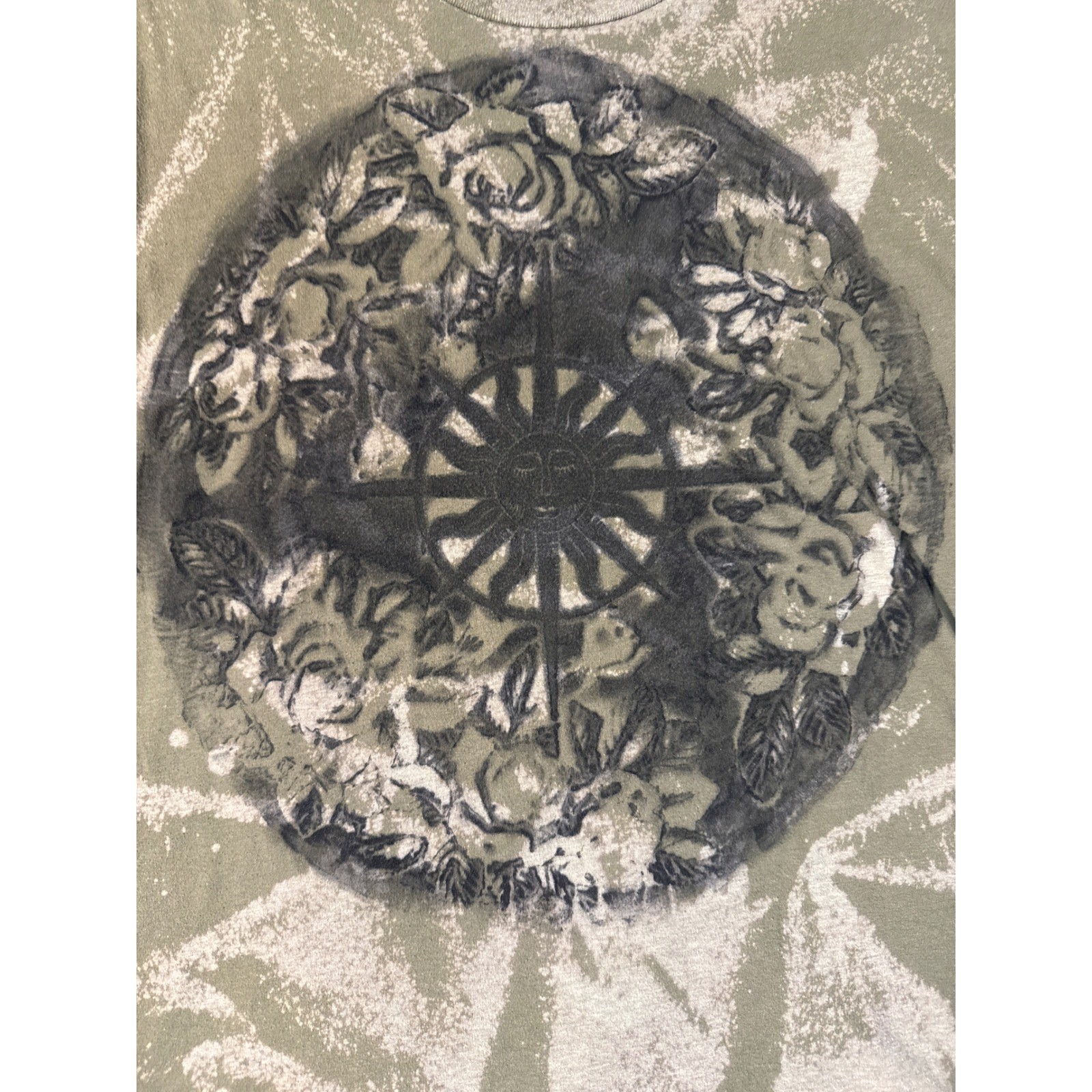 Upcycled Bleach Wash Rose Compass Block Print Tee Olive Green Mens Small