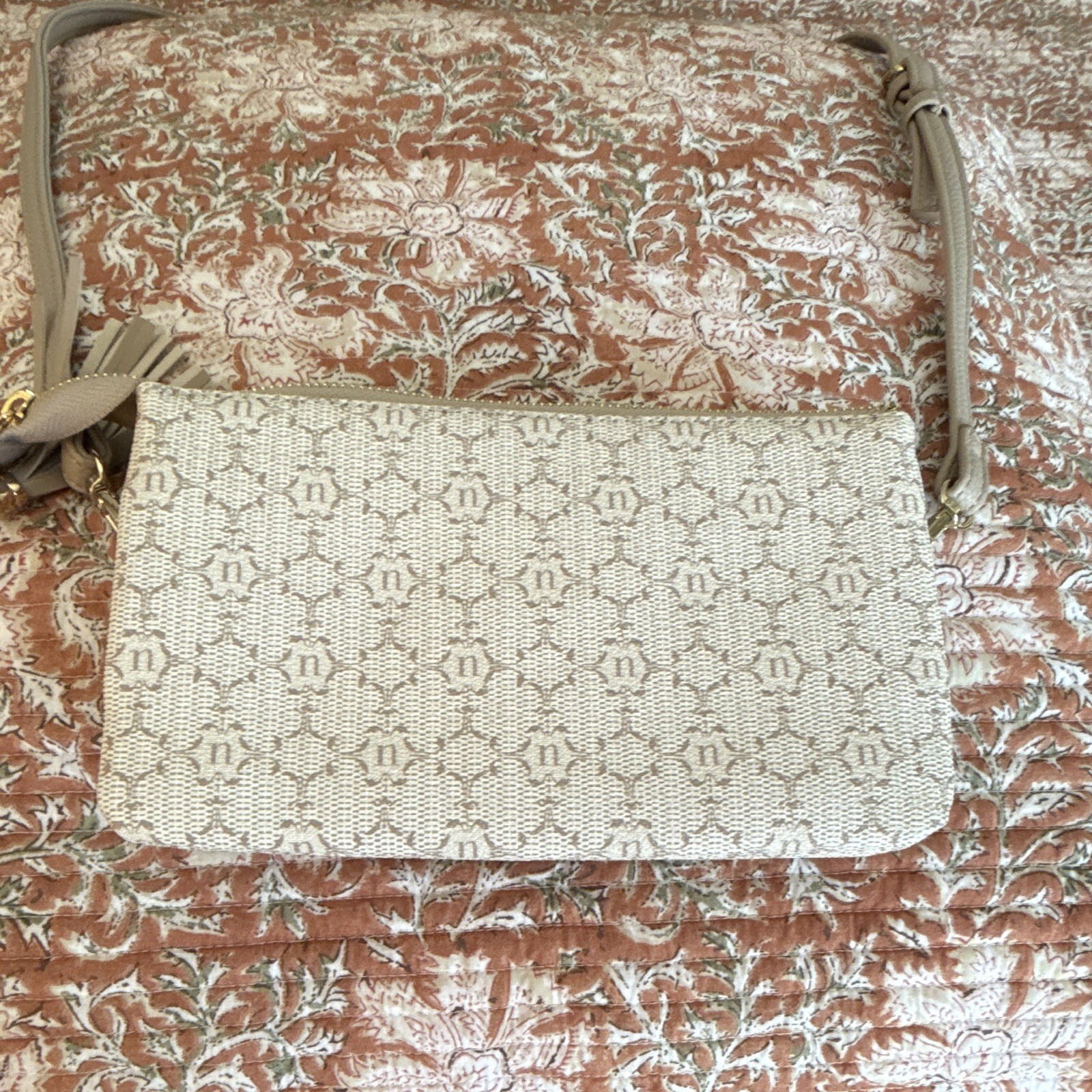 Nanette Lepore Beige Logo Small Crossbody Bag Zip Tassel Gold Hardware Strap