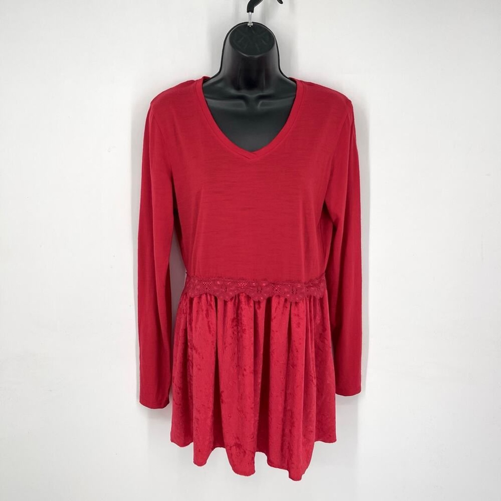 Seg’ments Merino Wool V-Neck Tunic Top Sz M Red Pleated Texture Lace Lightweight