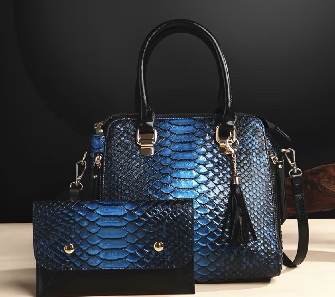 Snake Embossed Brown Satchel Top Handle Bag Zip, Tassel, Detachable Strap