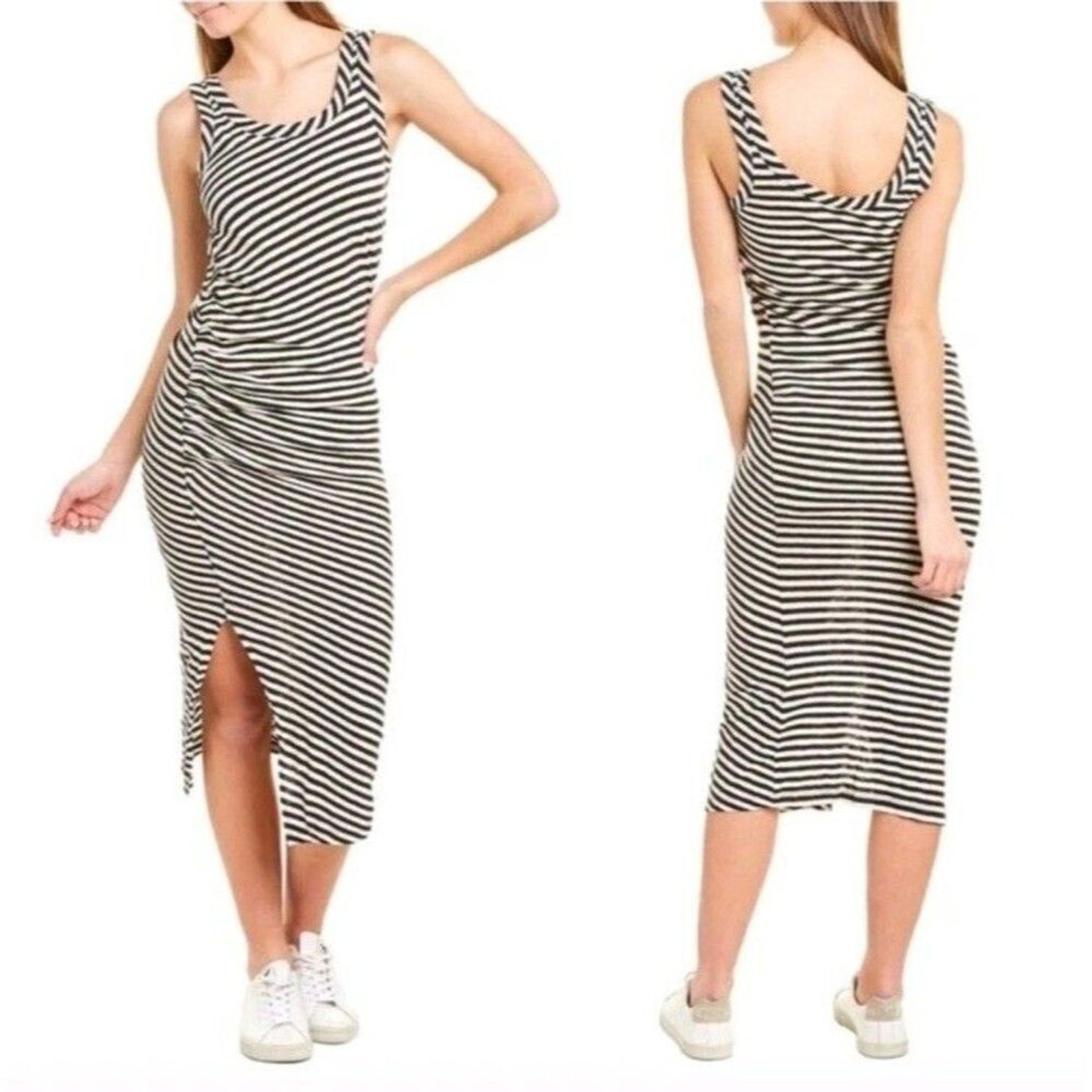 All Saints Tina T-Shirt Dress Size L Stripe Black Sleeveless Side-Slits Cotton