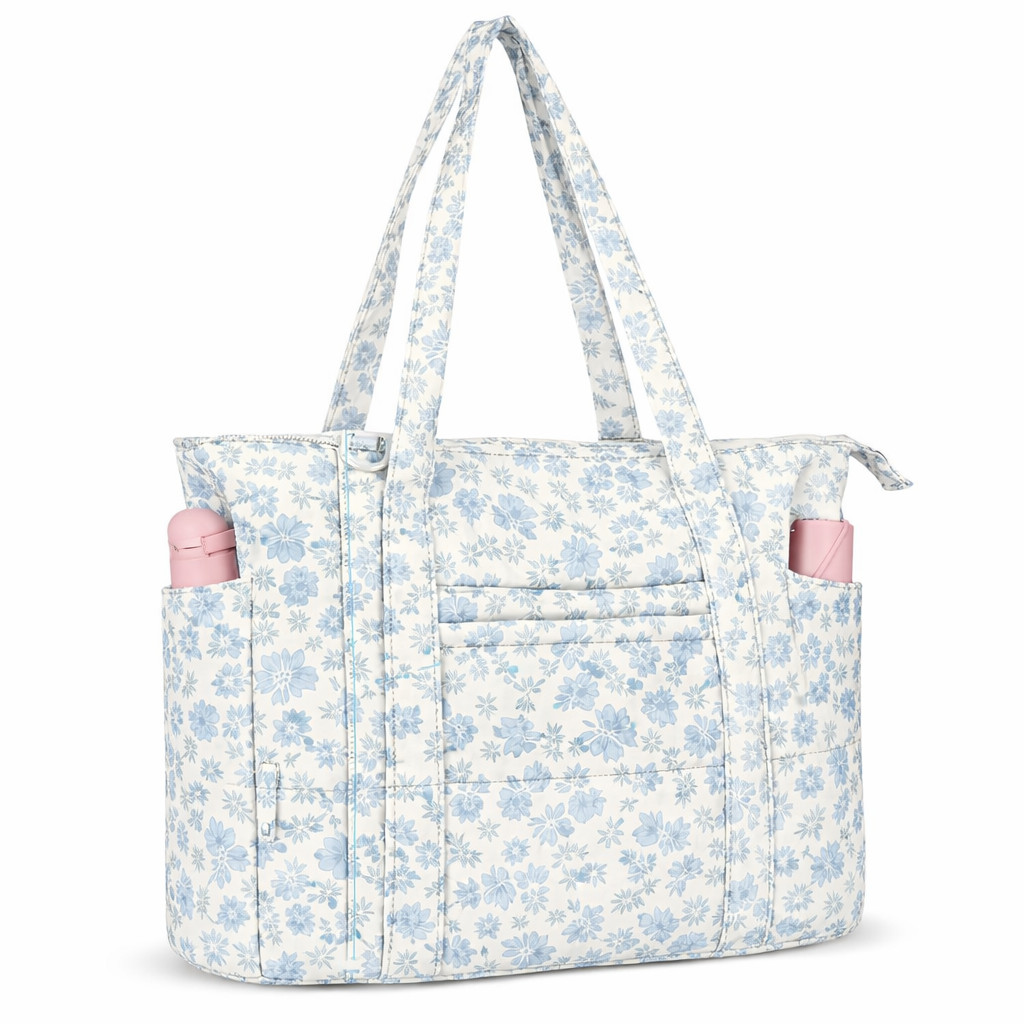 Quilted Tote Bag for Women, Lightweight Quilted Bag with Zipper, Blue Floral
