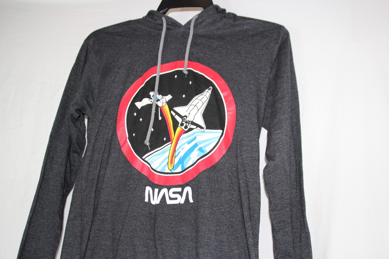 NASA Vintage Rocket Logo Long Sleeve Hooded Light Weight Shirt Size Small TeeLuv