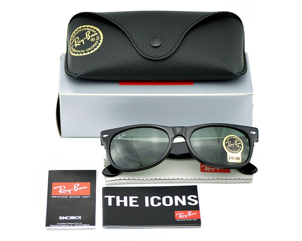 Ray-Ban Sunglasses RB2132 New Wayfarer Classic Black Frame Green Lens 55mm