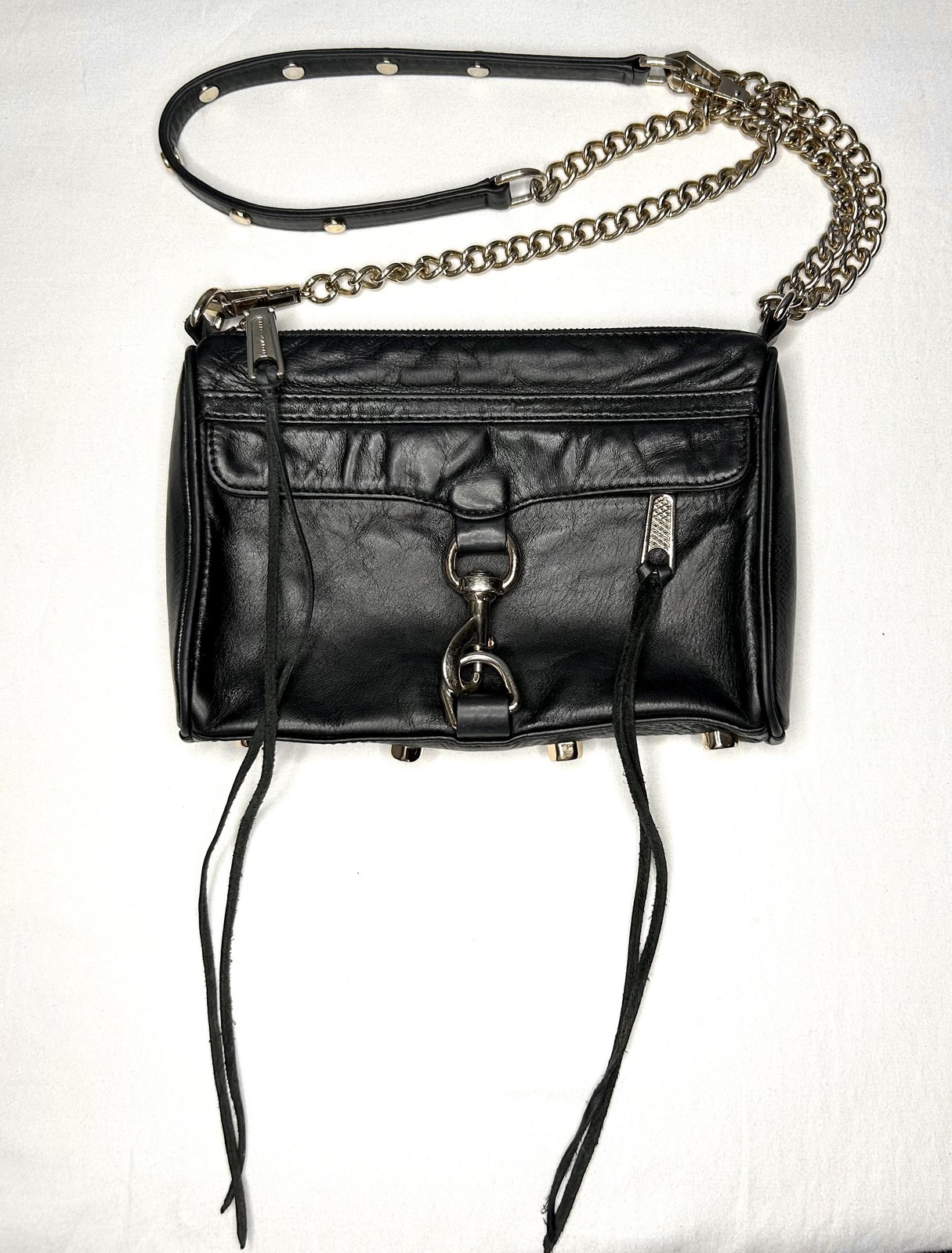 Rebecca Minkoff Purse Mini MAC Crossbody Clutch Bag Black Leather Chain Strap