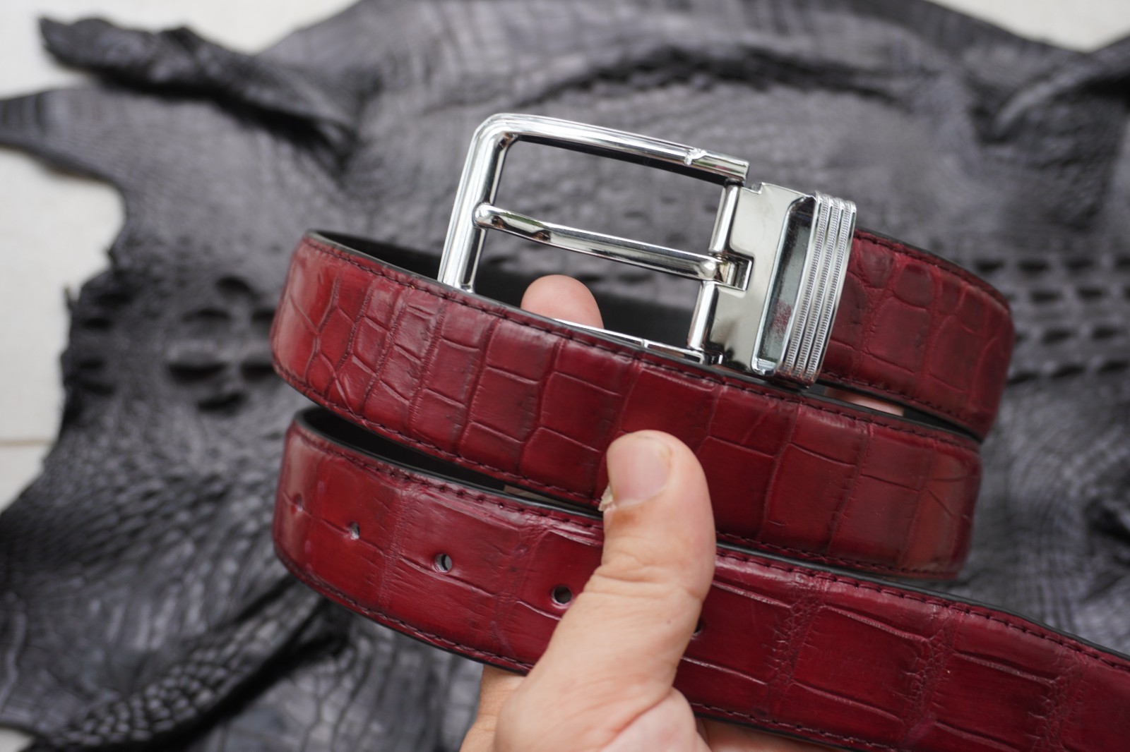 W 1.3 inch- Burgundy Genuine CROCODILE Belly LEATHER Skin Men’s Belt #Y26
