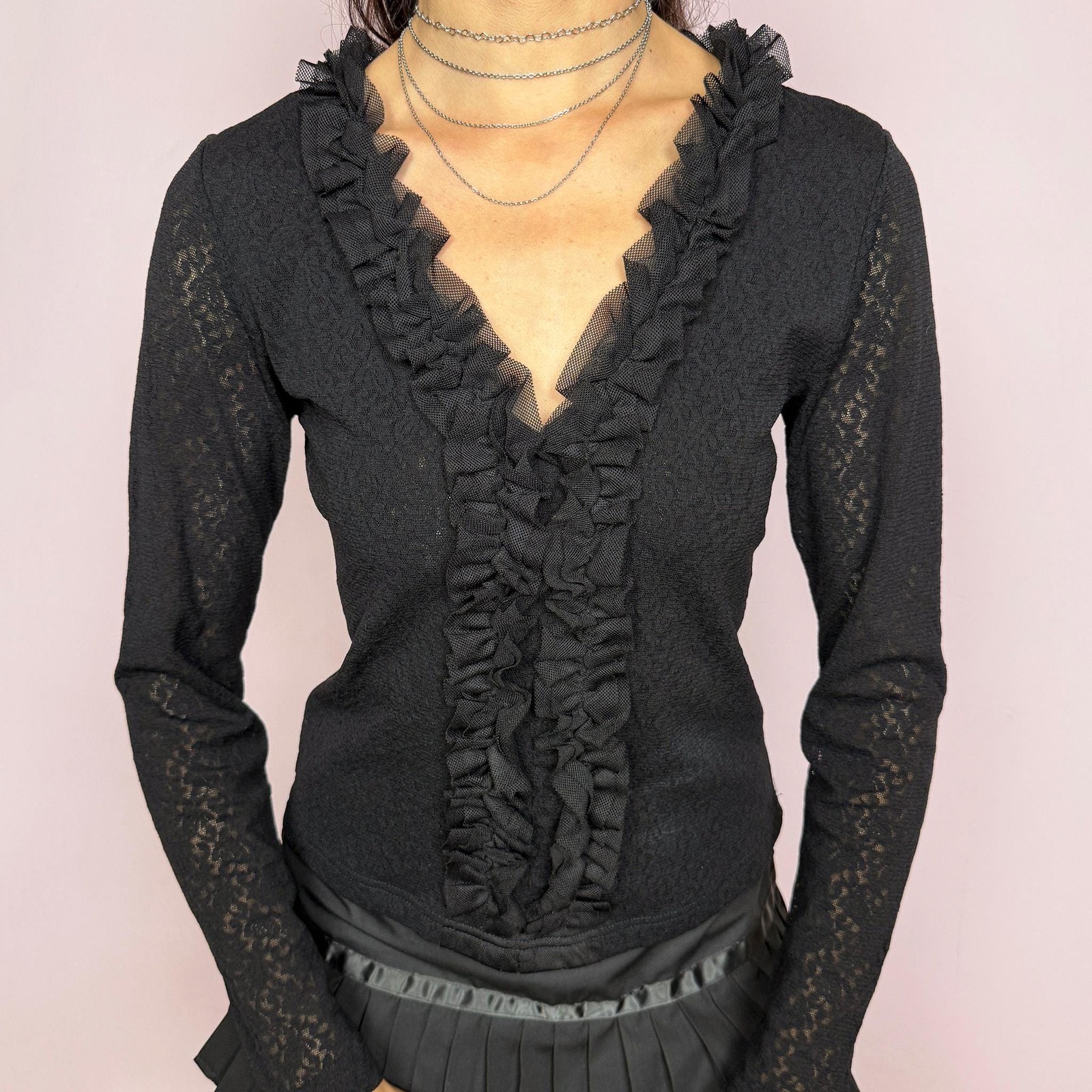 Vintage Black Lace Ruffle Top Mesh Victorian Goth 90s Y2K Size M